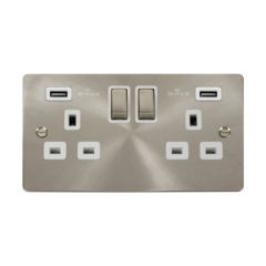 Click Define FPBS580WH 13A 2 Gang Switched Socket Outlet With Twin USB (Total 4.2A) Outlets Brushed Stainless