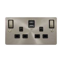 Click Define FPBS586BK 13A 2 Gang Switched Socket Outlet With Type A & C USB (4.2A) Outlets Brushed Stainless