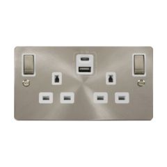 Click Define FPBS586WH 13A 2 Gang Switched Socket Outlet With Type A & C USB (4.2A) Outlets Brushed Stainless