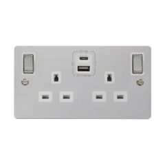 Click Define FPCH586WH 13A 2 Gang Switched Socket Outlet With Type A & C USB (4.2A) Outlets Chrome