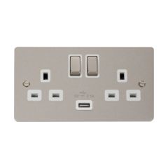 Click Define FPPN570WH 13A 2 Gang Switched Socket Outlet With Single 2.1A USB Outlet Pearl Nickel
