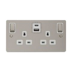 Click Define FPPN586WH 13A 2 Gang Switched Socket Outlet With Type A & C USB (4.2A) Outlets Pearl Nickel