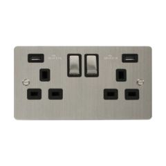 Click Define FPSS580BK 13A 2 Gang Switched Socket Outlet With Twin USB (Total 4.2A) Outlets Stainless Steel