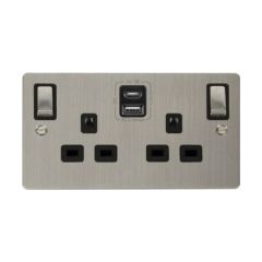 Click Define FPSS586BK 13A 2 Gang Switched Socket Outlet With Type A & C USB (4.2A) Outlets Stainless Steel
