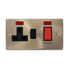 Click Deco VPAB205BK 45A 2 Gang DP Switch With 13A DP Switched Socket Outlet & Neons Antique Brass