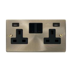 Click Deco VPAB780BK 13A 2 Gang Switched Socket Outlet With Twin USB (Total 4.2A) Outlets Antique Brass