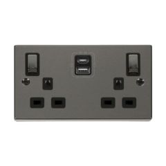 Click Deco VPBN586BK 13A 2 Gang Switched Socket Outlet With Type A & C USB (4.2A) Outlets Black Nickel