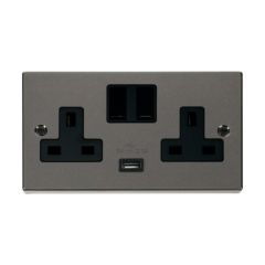 Click Deco VPBN770BK 13A 2 Gang Switched Socket Outlet With Single 2.1A USB Outlet Black Nickel