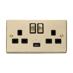 Click Deco VPBR570BK 13A 2 Gang Switched Socket Outlet With Single 2.1A USB Outlet Brass