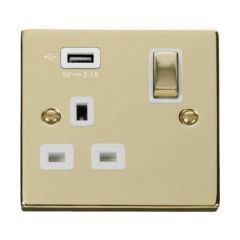 Click Deco VPBR571UWH 13A 1 Gang Switched Socket Outlet With Single 2.1A USB Outlet Brass