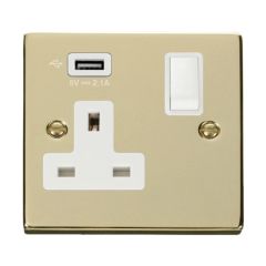 Click Deco VPBR771UWH 13A 1 Gang Switched Socket Outlet With Single 2.1A USB Outlet Brass