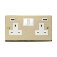 Click Deco VPBR780WH 13A 2 Gang Switched Socket Outlet With Twin USB (Total 4.2A) Outlets Brass