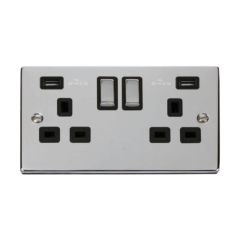 Click Deco VPCH580BK 13A 2 Gang Switched Socket Outlet With Twin USB (Total 4.2A) Outlets Chrome