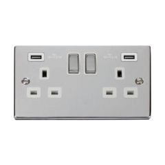 Click Deco VPCH580WH 13A 2 Gang Switched Socket Outlet With Twin USB (Total 4.2A) Outlets Chrome
