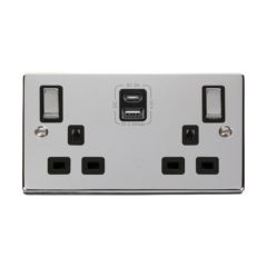 Click Deco VPCH586BK 13A 2 Gang Switched Socket Outlet With Type A & C USB (4.2A) Outlets Chrome