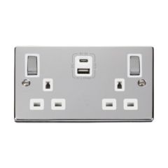 Click Deco VPCH586WH 13A 2 Gang Switched Socket Outlet With Type A & C USB (4.2A) Outlets Chrome