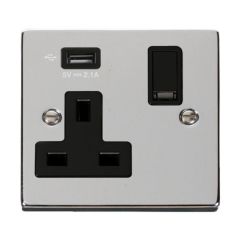 Click Deco VPCH771UBK 13A 1 Gang Switched Socket Outlet With Single 2.1A USB Outlet Chrome