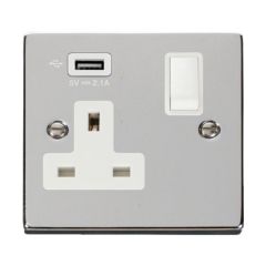 Click Deco VPCH771UWH 13A 1 Gang Switched Socket Outlet With Single 2.1A USB Outlet Chrome