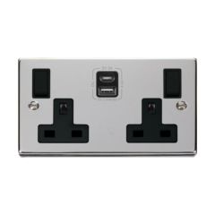 Click Deco VPCH786BK 13A 2 Gang Switched Socket Outlet With Type A & C USB (4.2A) Outlets Chrome
