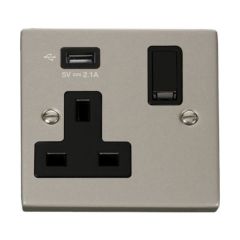 Click Deco VPPN771UBK 13A 1 Gang Switched Socket Outlet With Single 2.1A USB Outlet Pearl Nickel