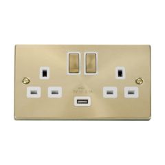 Click Deco VPSB570WH 13A 2 Gang Switched Socket Outlet With Single 2.1A USB Outlet Satin Brass