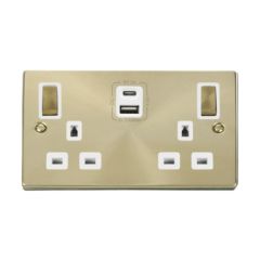 Click Deco VPSB586WH 13A 2 Gang Switched Socket Outlet With Type A & C USB (4.2A) Outlets Satin Brass