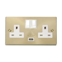 Click Deco VPSB770WH 13A 2 Gang Switched Socket Outlet With Single 2.1A USB Outlet Satin Brass