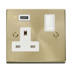 Click Deco VPSB771UWH 13A 1 Gang Switched Socket Outlet With Single 2.1A USB Outlet Satin Brass