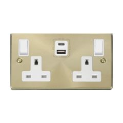 Click Deco VPSB786WH 13A 2 Gang Switched Socket Outlet With Type A & C USB (4.2A) Outlets Satin Brass