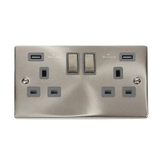 Click Deco VPSC580GY 13A 2 Gang Switched Socket Outlet With Twin USB (Total 4.2A) Outlets Satin Chrome