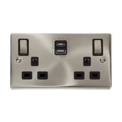 Click Deco VPSC586BK 13A 2 Gang Switched Socket Outlet With Type A & C USB (4.2A) Outlets Satin Chrome
