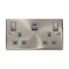Click Deco VPSC586GY 13A 2 Gang Switched Socket Outlet With Type A & C USB (4.2A) Outlets Satin Chrome