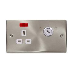 Click Deco VPSC655WH 13A 1 Gang DP Key Lockable Switched Socket With Neon (Double Plate) Satin Chrome