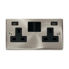 Click Deco VPSC780BK 13A 2 Gang Switched Socket Outlet With Twin USB (Total 4.2A) Outlets Satin Chrome