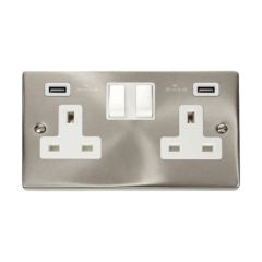 Click Deco VPSC780WH 13A 2 Gang Switched Socket Outlet With Twin USB (Total 4.2A) Outlets Satin Chrome