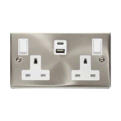 Click Deco VPSC786WH 13A 2 Gang Switched Socket Outlet With Type A & C USB (4.2A) Outlets Satin Chrome
