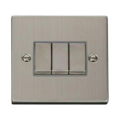 Click Deco VPSS413GY 10AX 3 Gang 2 Way Plate Switch Stainless Steel