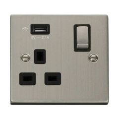 Click Deco VPSS571UBK 13A 1 Gang Switched Socket Outlet With Single 2.1A USB Outlet Stainless Steel