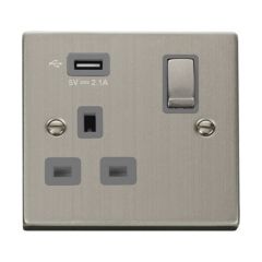 Click Deco VPSS571UGY 13A 1 Gang Switched Socket Outlet With Single 2.1A USB Outlet Stainless Steel