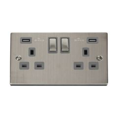 Click Deco VPSS580GY 13A 2 Gang Switched Socket Outlet With Twin USB (Total 4.2A) Outlets Stainless Steel