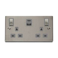 Click Deco VPSS586GY 13A 2 Gang Switched Socket Outlet With Type A & C USB (4.2A) Outlets Stainless Steel