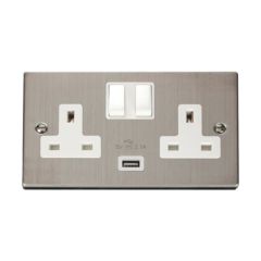 Click Deco VPSS770WH 13A 2 Gang Switched Socket Outlet With Single 2.1A USB Outlet Stainless Steel