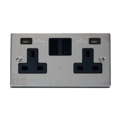 Click Deco VPSS780BK 13A 2 Gang Switched Socket Outlet With Twin USB (Total 4.2A) Outlets Stainless Steel