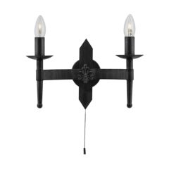 Searchlight 2422-2BK 2 Light Wrought Iron Saxon wall with Pull switch