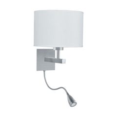 Searchlight 2 Light Wall In Satin Silver With Adjustable LED Arm And Round White Shade