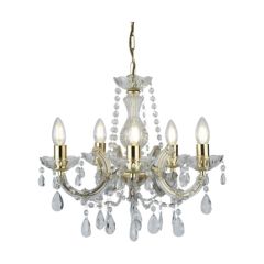 Searchlight 699-5 Marie Therese Chandelier E14 Ceiling Fitting Crystal Glass Droplets 5x60W 32x48cm Polished Brass