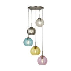 Searchlight 8135-5SS Mardi Gras 5 Lgt E27 GLS w/o Lamps Pendant Multicolour Glass Shades 5x60W 1200x500mm Satin Silver