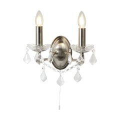 Searchlight 8732-2SS Paris 2 Lgt Chand E14 LED Wall Light Crystal Drops & Trim 2x7W 27x32x22cm Satin Silver