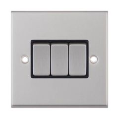 Selectric 7MPRO-203 3 Gang 2 Way X-Rated Plate Switch c/w Black Insert 10A Satin Chrome
