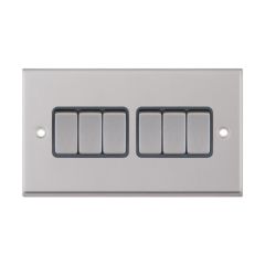 Selectric 7MPRO-705 6 Gang 2 Way X Rated Plate Switch Grey Insert Soft Edged Metal Rocker 10A 146x86x7mm Satin Chrome